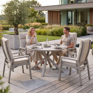 Relaxsessel Sevilla ivory Alu Textilene / Tisch Malaga 120cm rund ivory Aluminium